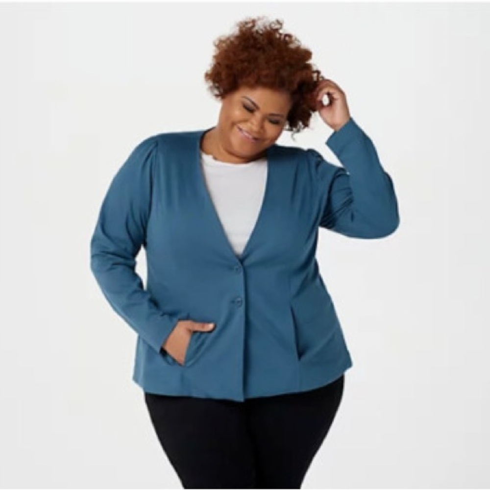 NWT  LOGO by Lori Goldstein Stylist Ponte Puff Sleeve Jacket. Blue. Medium
